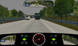 Sie befahren den rechten von zwei Fahrstreifen auf einer Autobahn mit etwa 30 km/​h. Vor Ihnen befinden sich Fahrzeuge mit eingeschaltetem Warnblinklicht. Sie fahren ebenfalls mit eingeschaltetem Warnblinklicht. Hinter Ihnen befindet sich auf dem rechten Fahrstreifen ein Lkw, auf dem linken ein Pkw. Im toten Winkel links neben Ihnen befindet sich ein Motorrad.