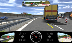 Sie befahren den linken von zwei Fahrstreifen im Baustellenbereich einer Autobahn mit etwa 70 km/​h. Auf dem rechten Fahrstreifen ein Stück vor Ihnen befindet sich ein Lkw. Hinter Ihnen fährt ein Motorrad.