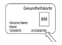 Grafik zeigt die Vorderseite einer Gesundheitskarte. Ein Pfeil weist auf die Versichertennummer hin.