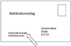 Grafik zeigt einen Wahlbriefumschlag. Ein Pfeil weist auf das Wahlkennzeichen hin.