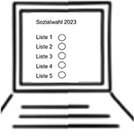 Grafik zeigt den Bildschirm eines Laptops, der durchnummerierte Listen und daneben platzierte Kreise aufweist, die man zur Wahl der danebenstehenden Liste anklickt.